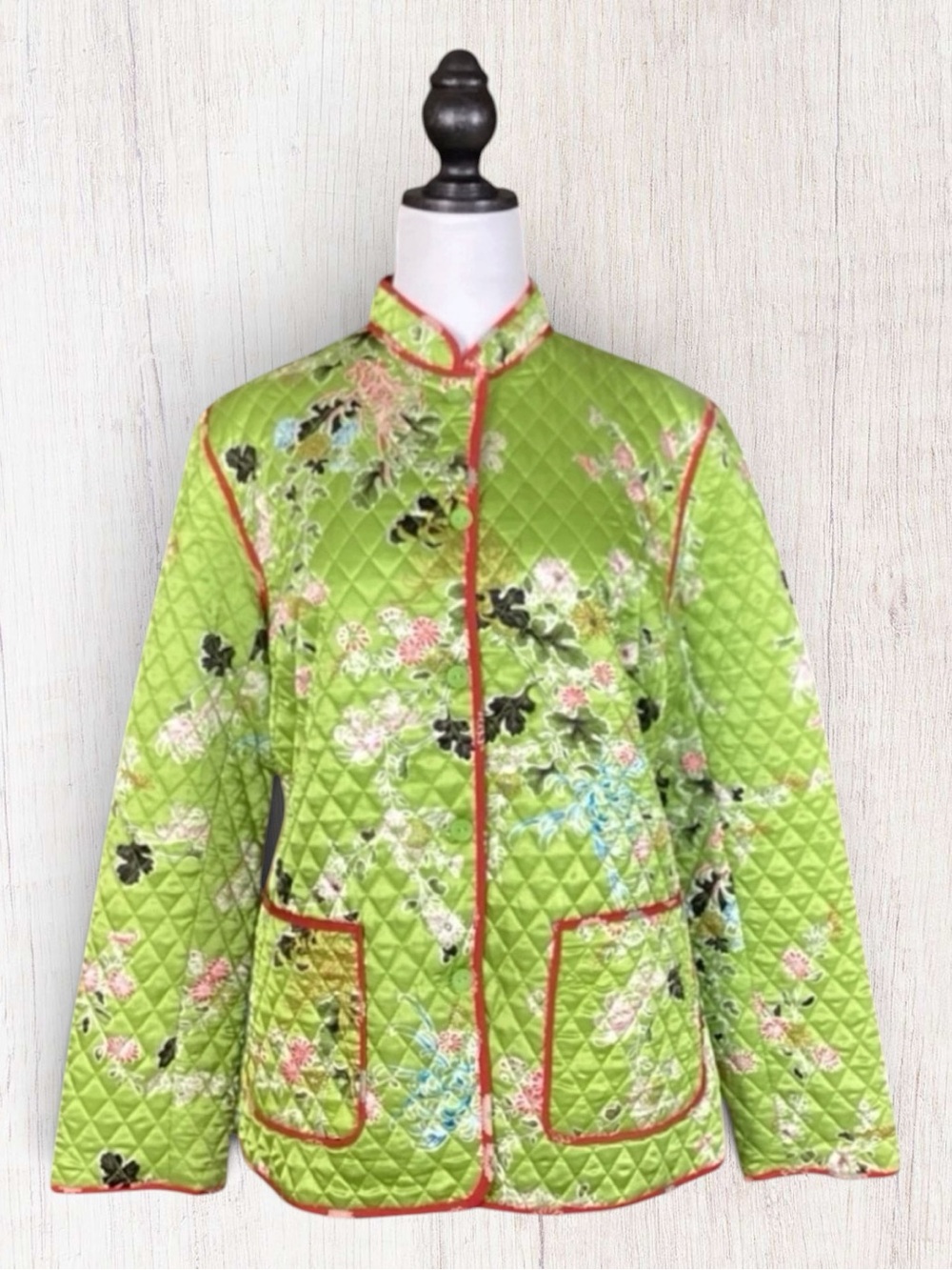 Anne Carson Quilted Floral Silk Jacket Green Red Coastal Grandma Quiet Luxury L